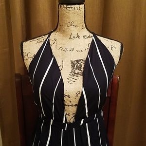 Navy blue and white striped jumpsuit